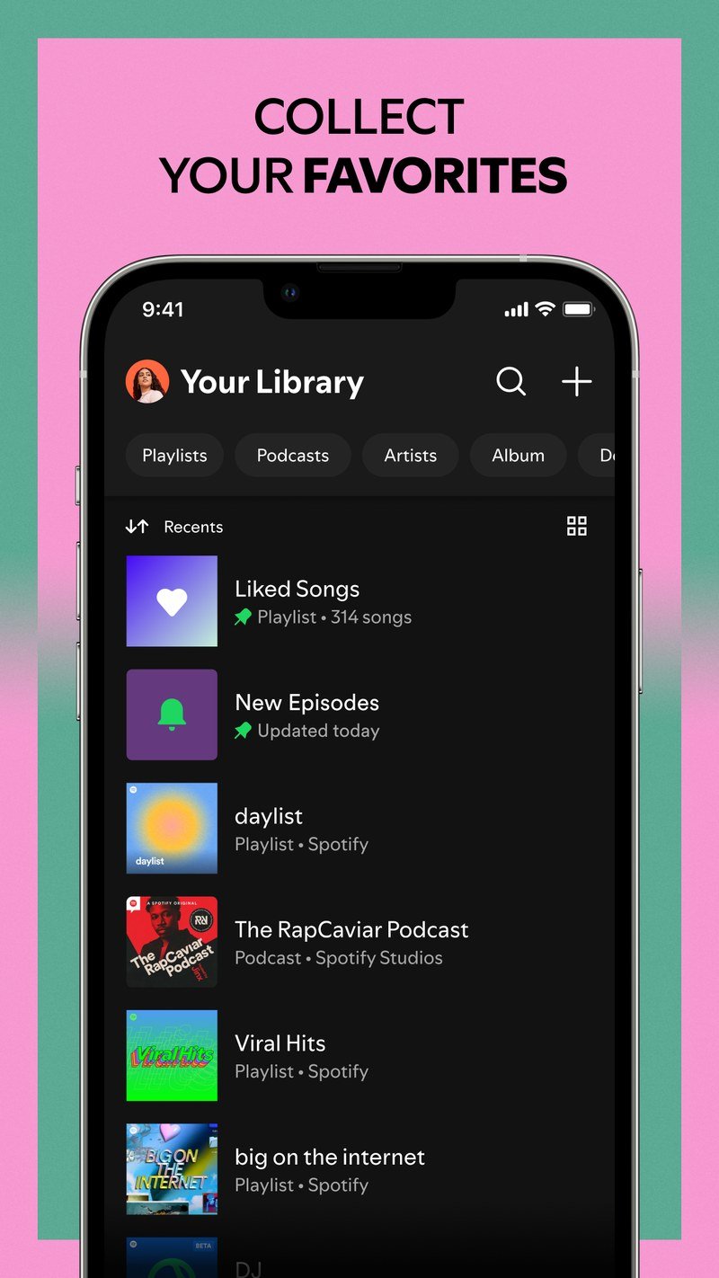 Spotify mobile app library screen listing playlists and podcasts