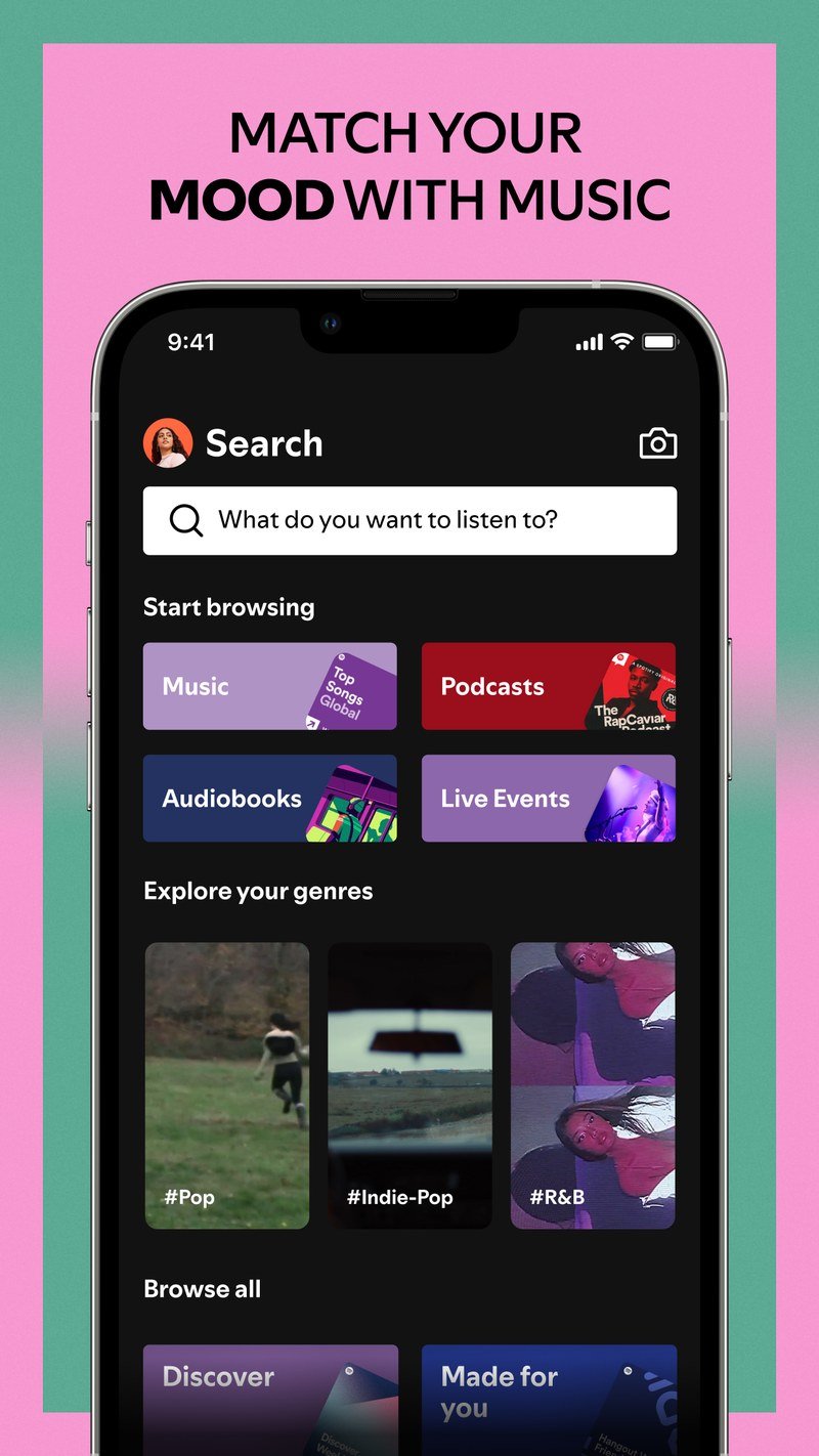 Spotify mobile app search screen with genre tiles