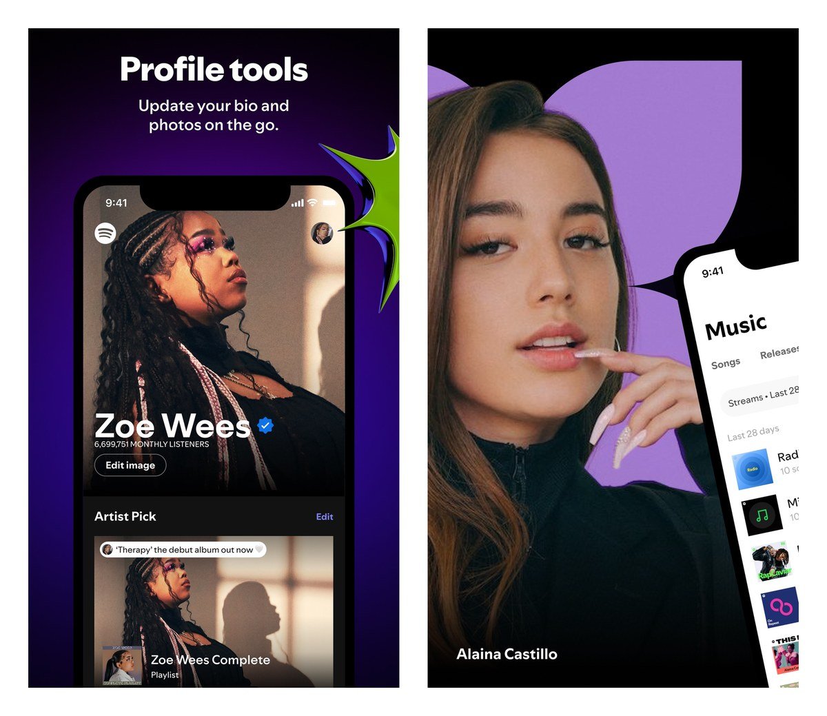Two Spotify for Artists app screens showing profile editing tools and the Music tab