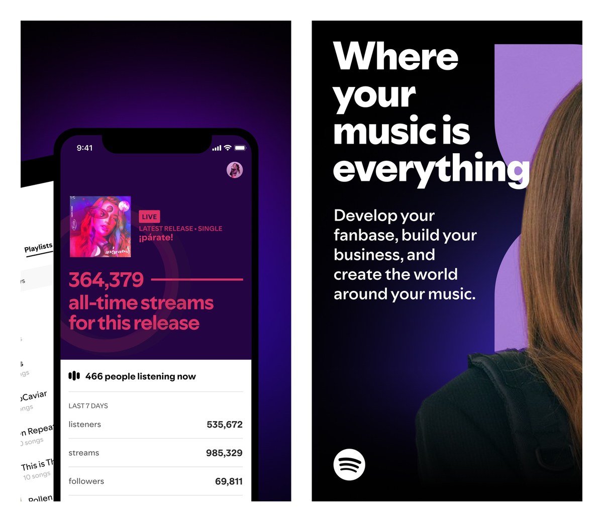 Two Spotify for Artists app screens: a release with its all-time stream count, and the app home screen
