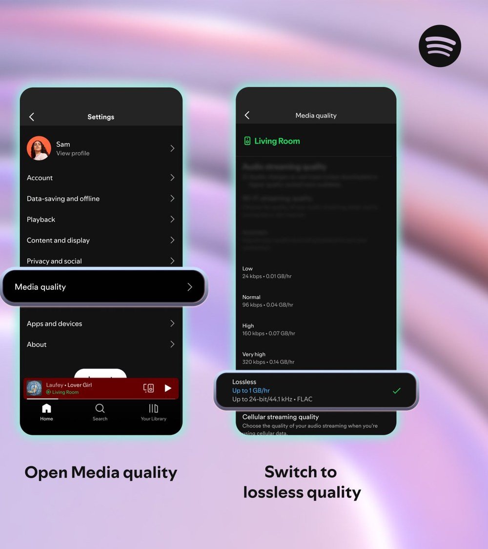 Spotify app screens for opening Media quality and selecting Lossless