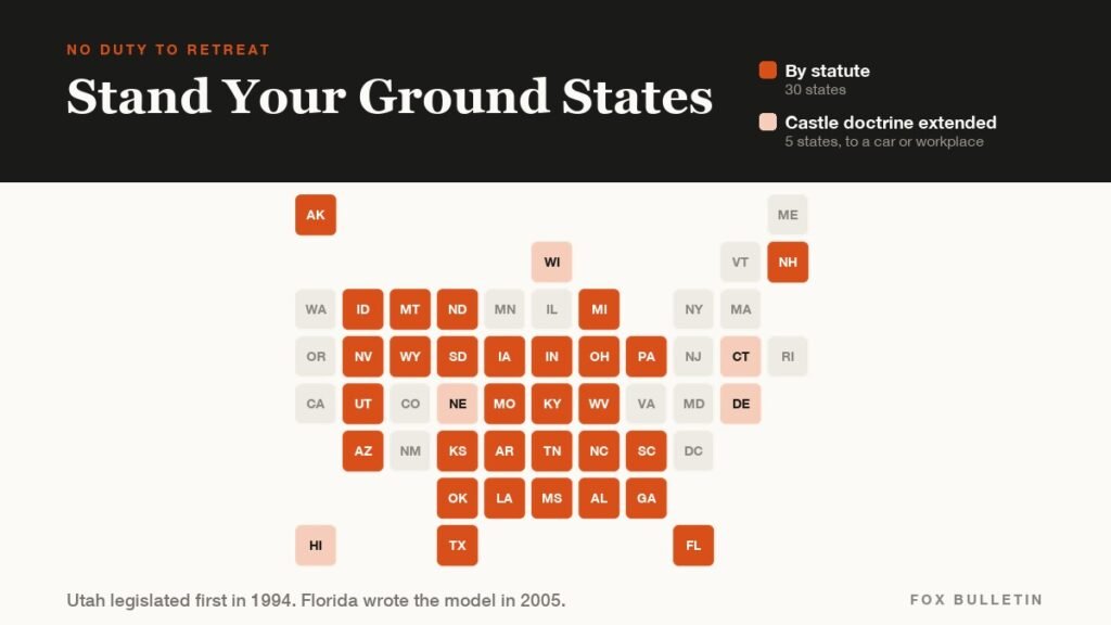 Map graphic titled Stand Your Ground States showing the 30 states with a stand your ground statute and the five that extend castle doctrine to a vehicle or workplace