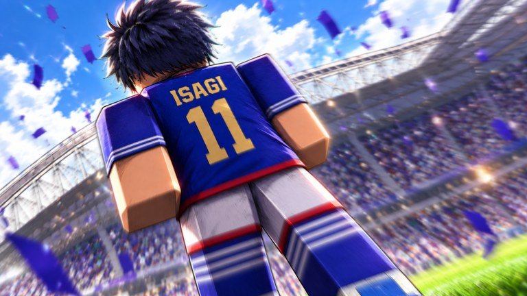 Player in a blue number 11 kit seen from behind in a packed Blue Lock stadium