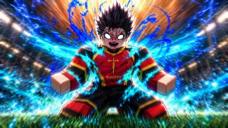 Striker in a red and black kit charging through a blue aura on the pitch