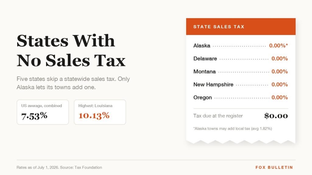 Receipt graphic listing Alaska, Delaware, Montana, New Hampshire and Oregon at 0.00% state sales tax beside the 7.53% US average