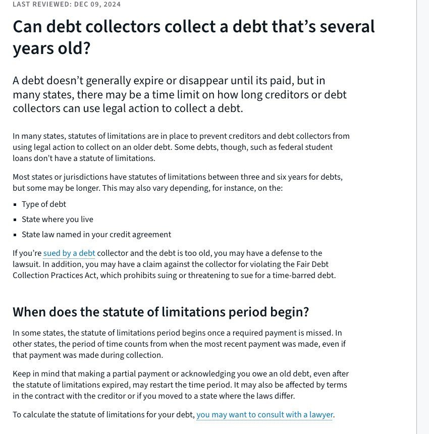 CFPB page explaining that most states set 3 to 6 year limits on debt lawsuits and that a partial payment may restart the clock