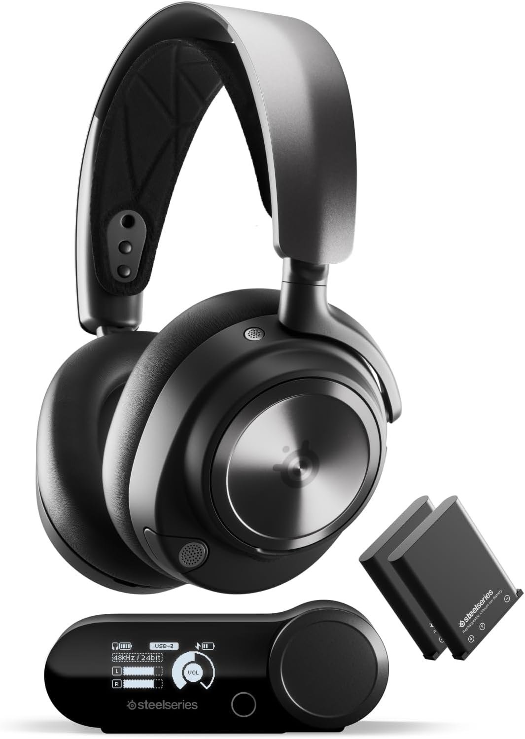 SteelSeries Arctis Nova Pro Wireless headset with its base station and spare battery