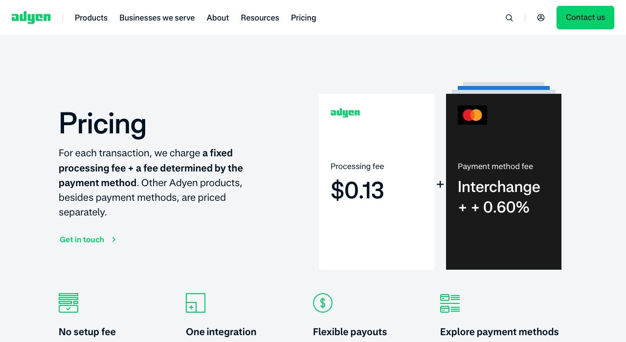 Adyen pricing page showing a fixed processing fee plus a payment method fee