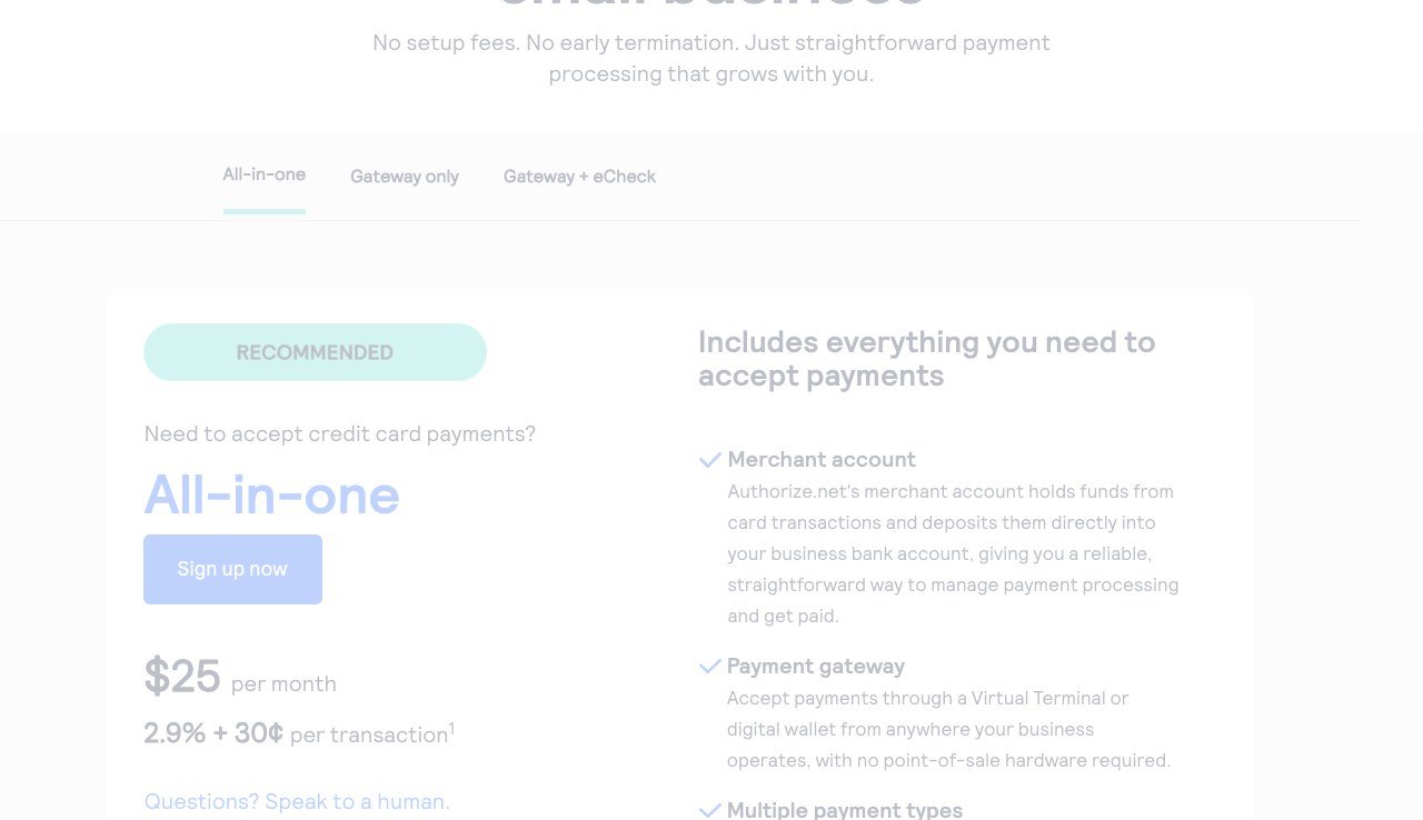 Authorize.net pricing page showing twenty five dollars a month plus per transaction fees