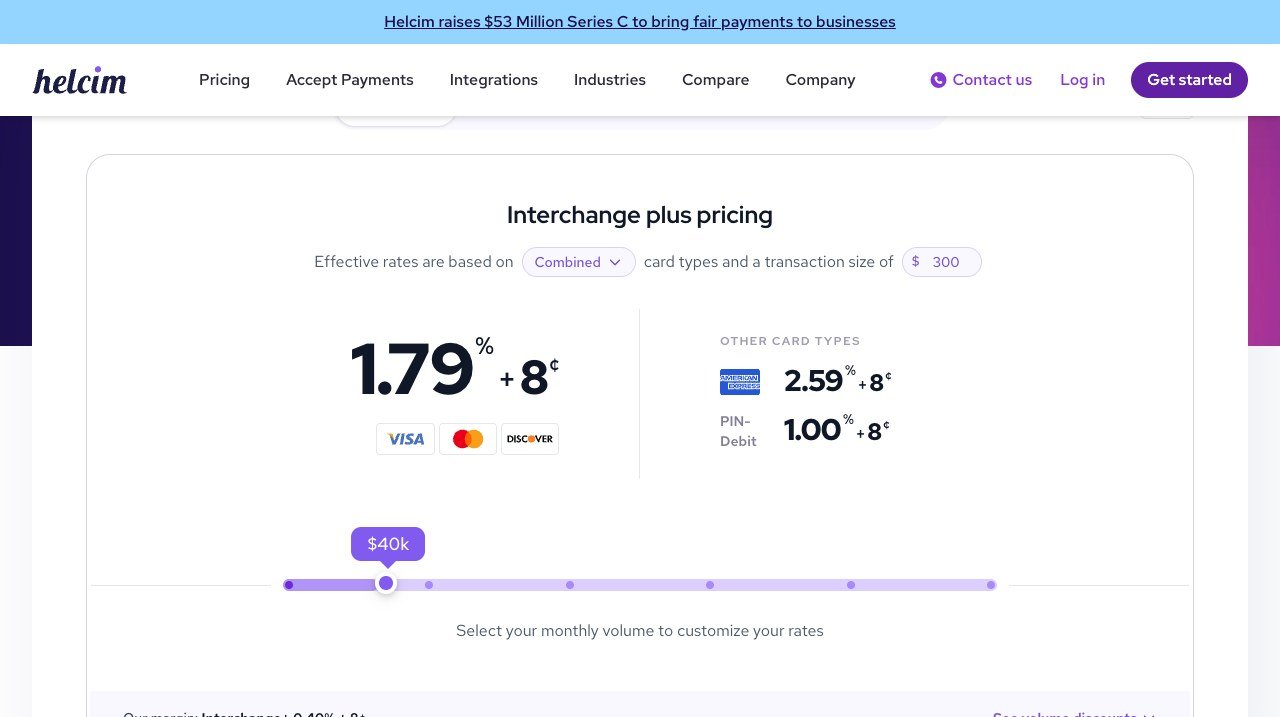 Helcim pricing page listing zero monthly, setup, PCI and cancellation fees
