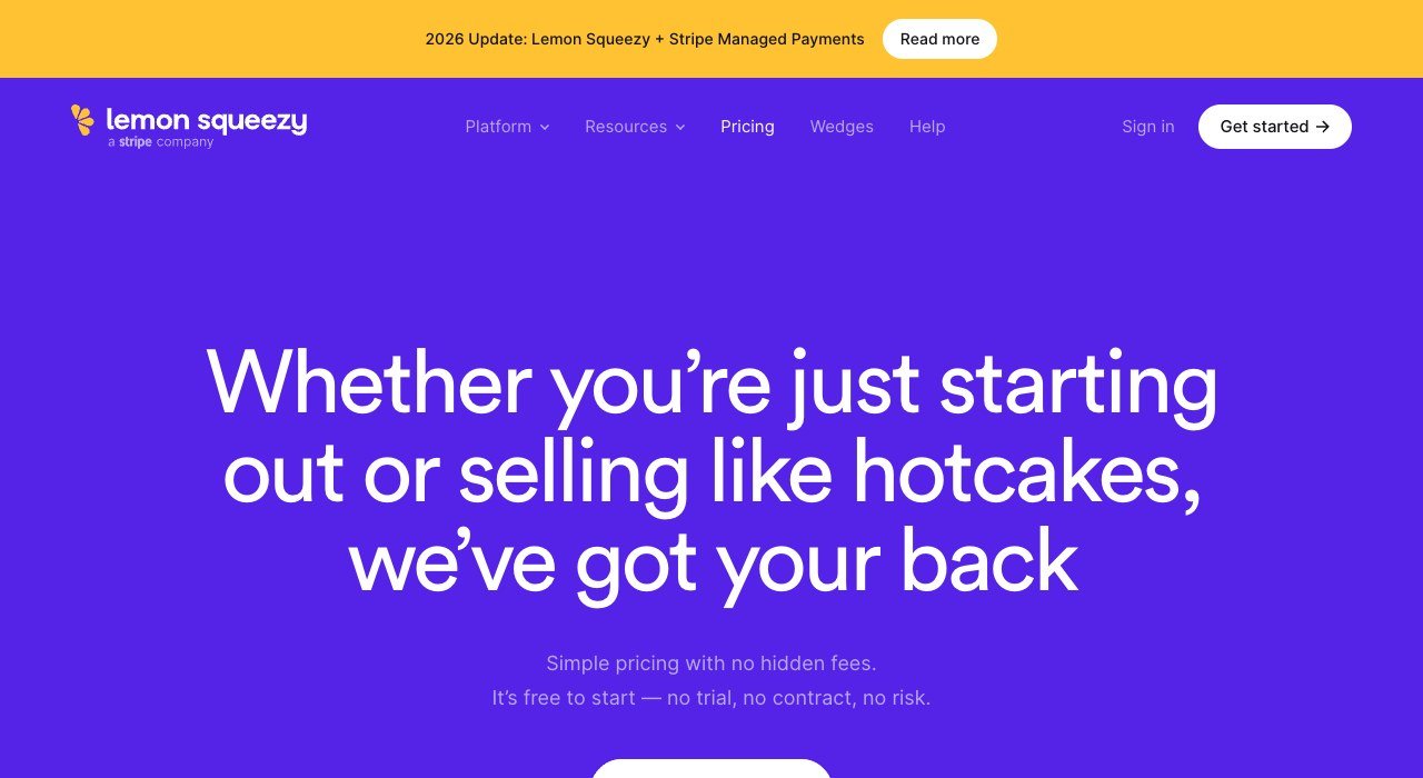Lemon Squeezy pricing page showing five percent plus fifty cents on ecommerce