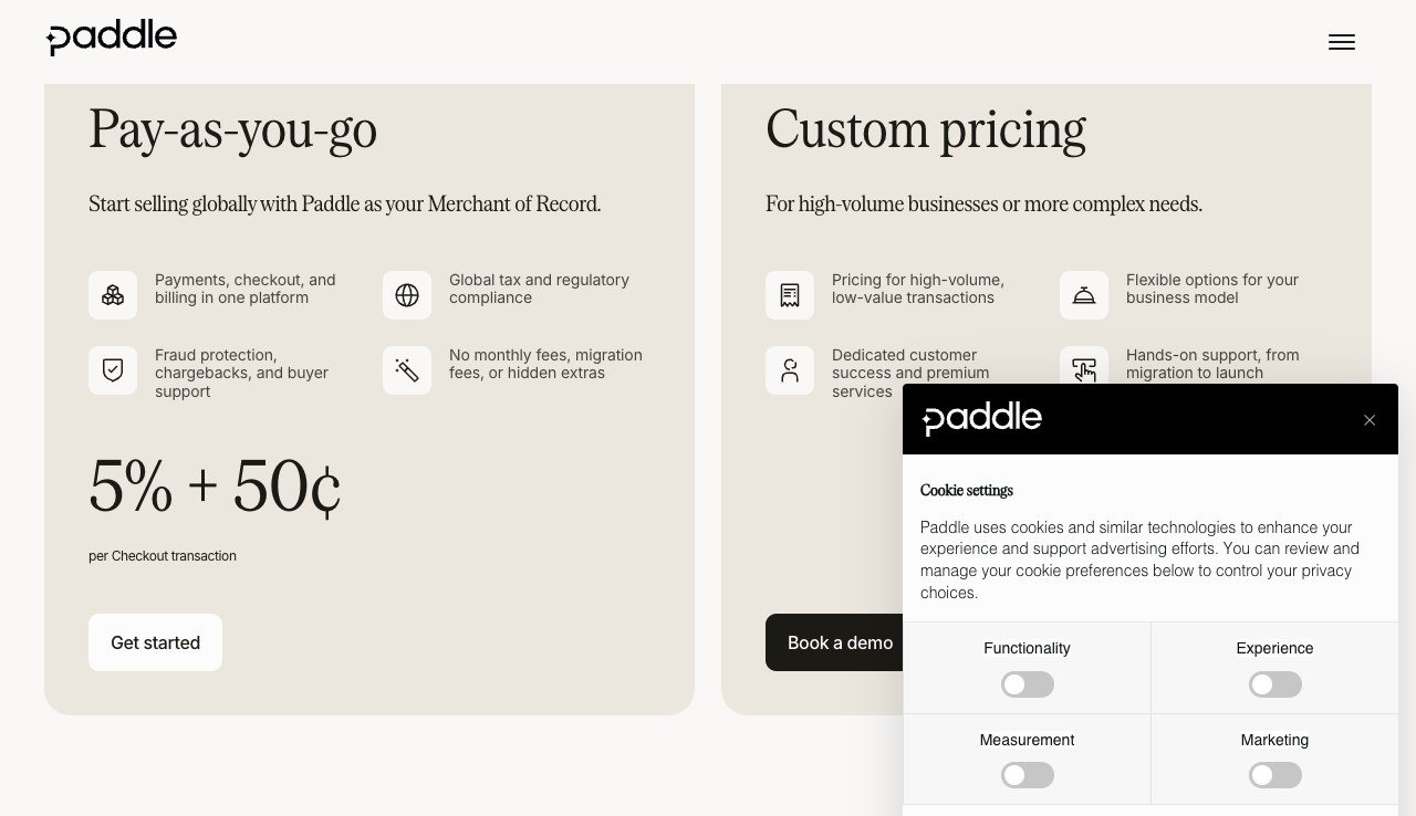 Paddle pricing page showing pay-as-you-go at five percent plus fifty cents