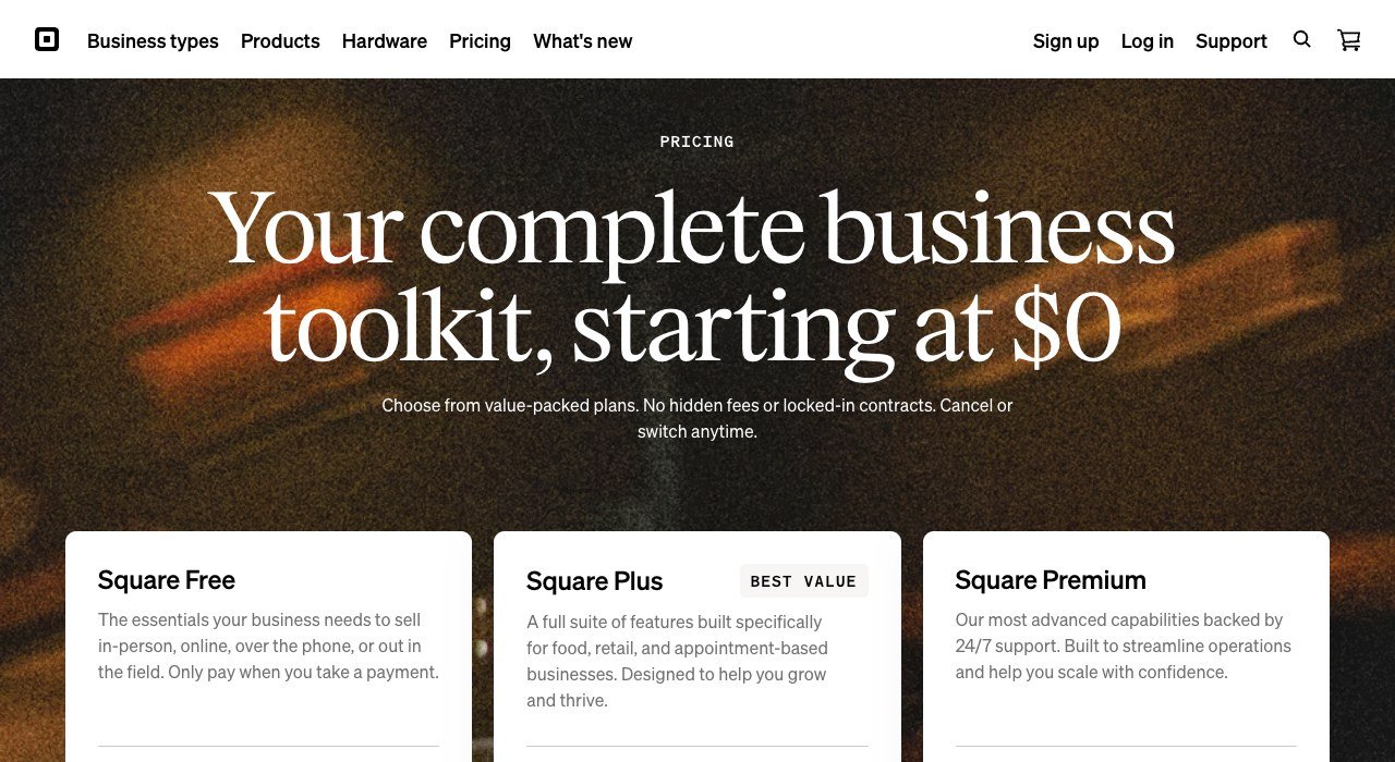 Square pricing page showing the Free, Plus and Premium plans and processing fees
