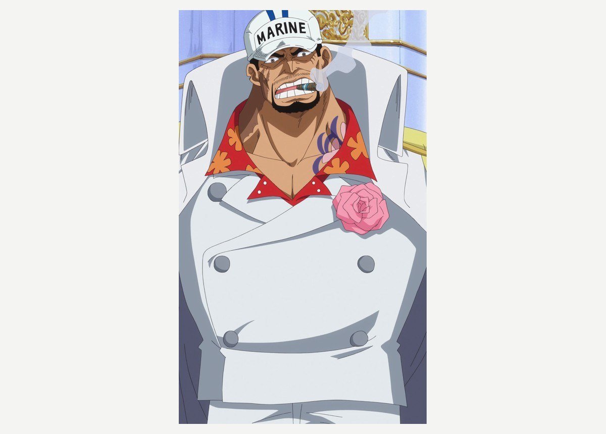 Fleet Admiral Sakazuki, Akainu, in his Marine cap and white suit with a rose