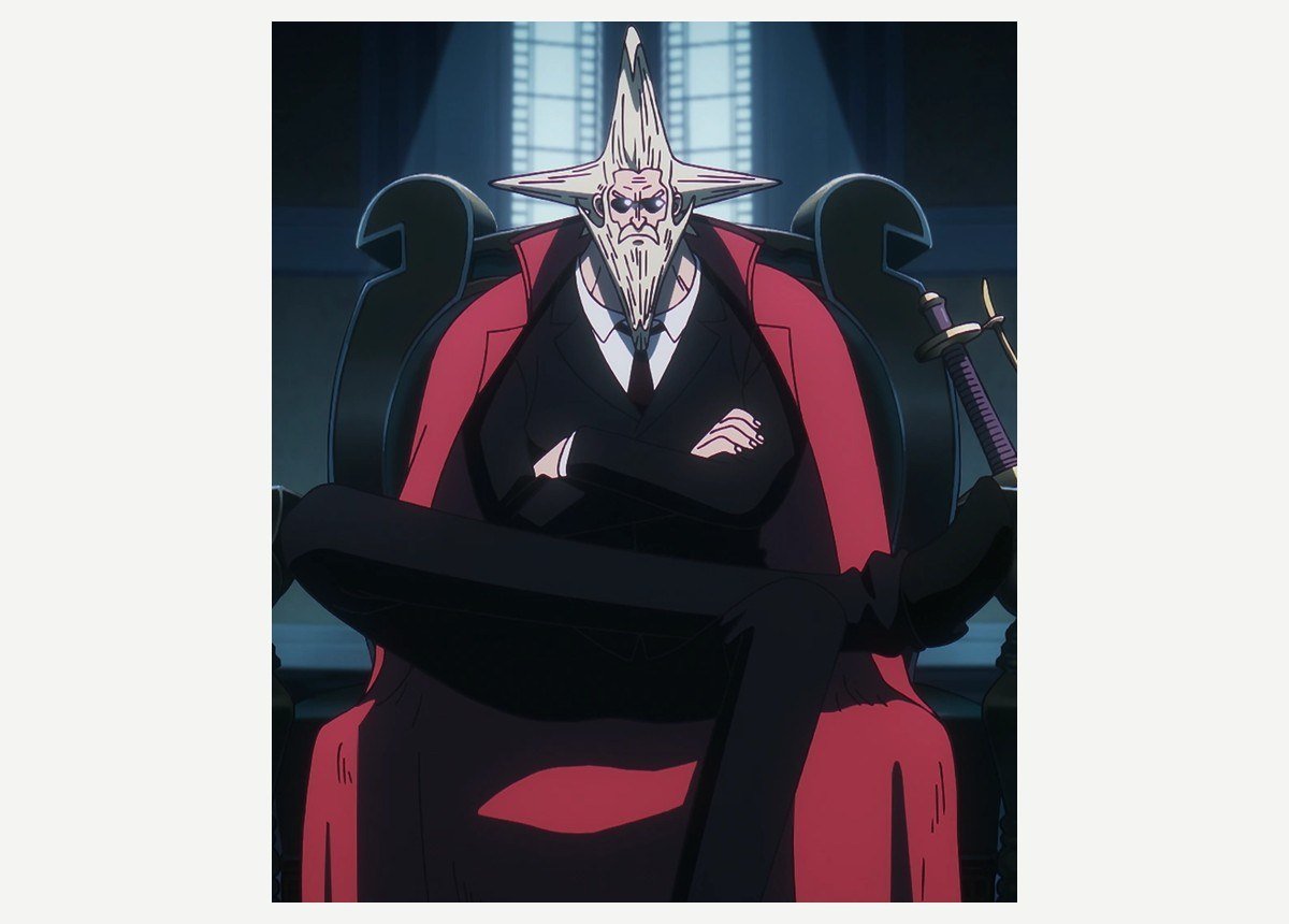 Saint Figarland Garling seated with arms folded in the One Piece anime