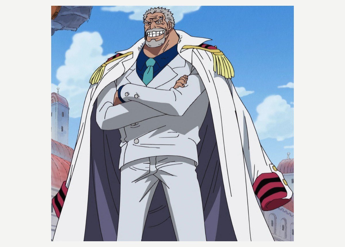 Monkey D. Garp in his Marine coat with arms folded in the One Piece anime