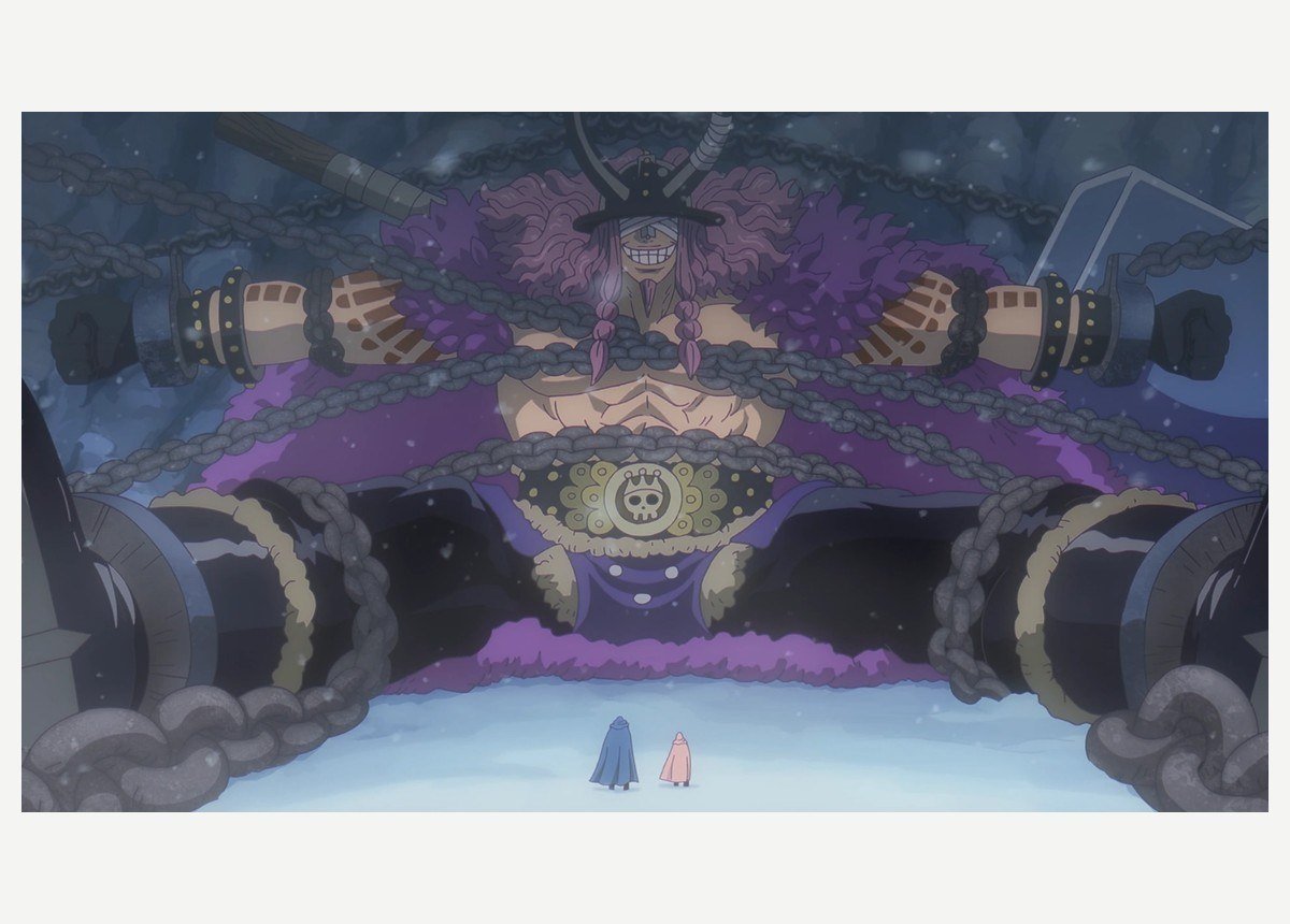 Loki, the giant prince of Elbaph, chained in the Underworld in the One Piece anime