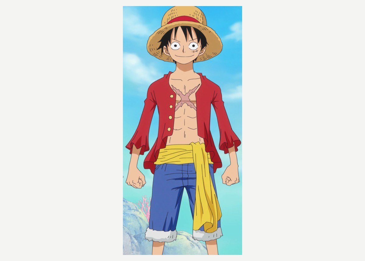 Monkey D. Luffy in the One Piece anime with his straw hat, red shirt and X-shaped chest scar