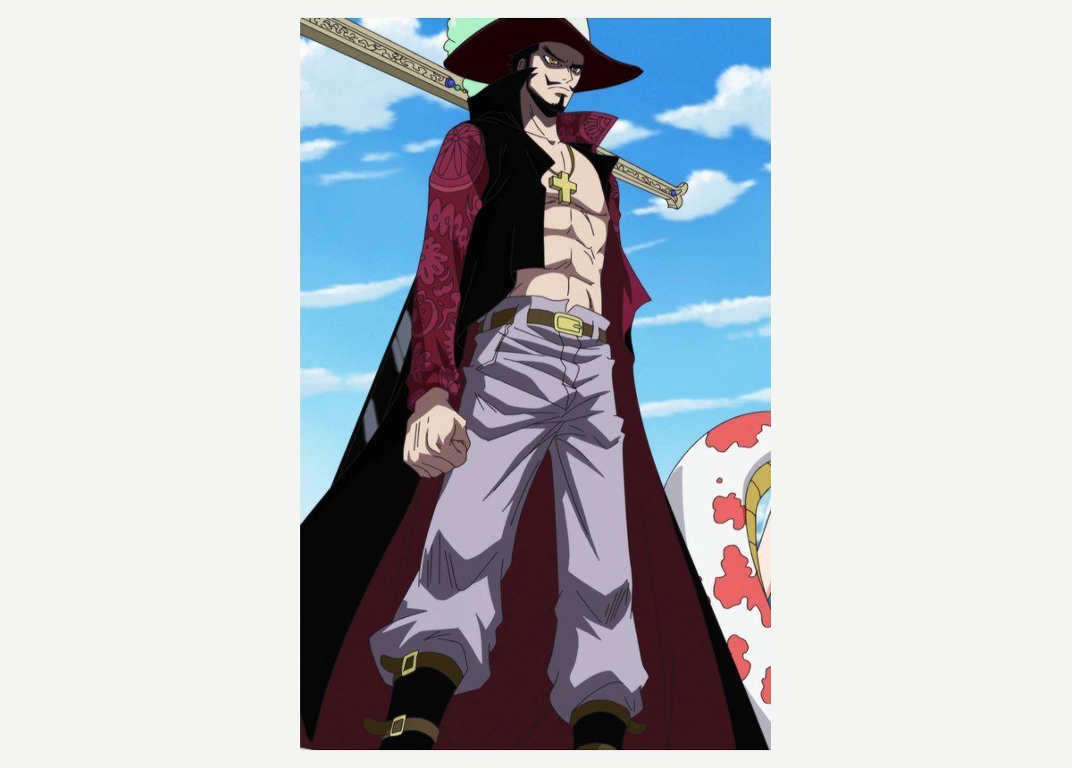Dracule Mihawk in his plumed hat with the black sword Yoru on his back