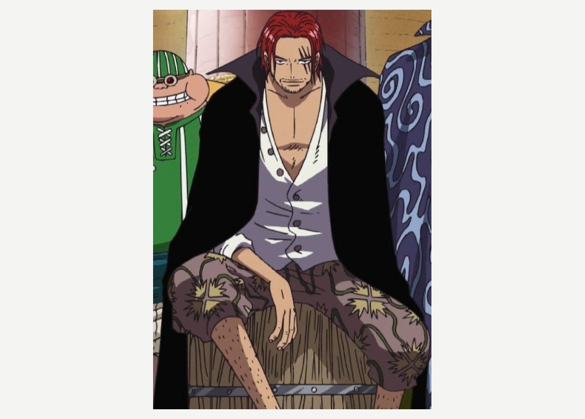 Red-Haired Shanks seated in his black cloak in the One Piece anime