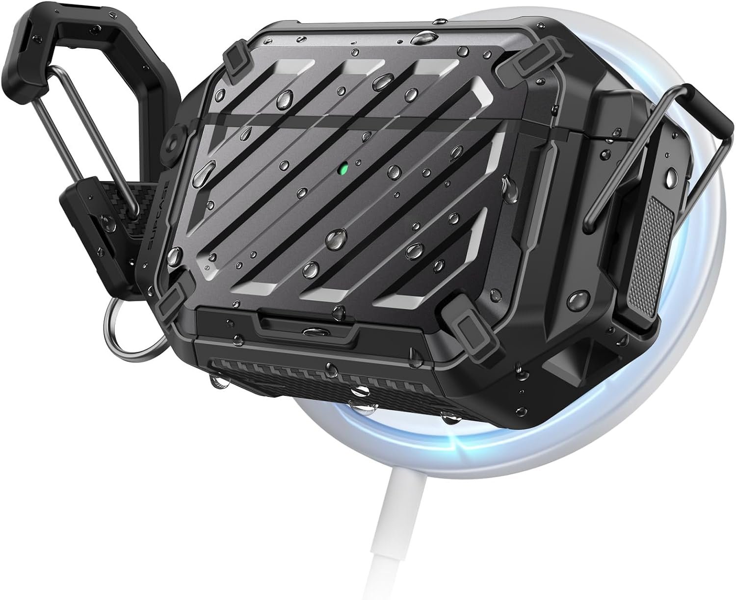 SUPCASE waterproof case for AirPods Pro 3 in black with a locking latch and carabiner