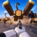 Monkey horde charging at a first-person pistol in Survive a Million Monkeys on Roblox