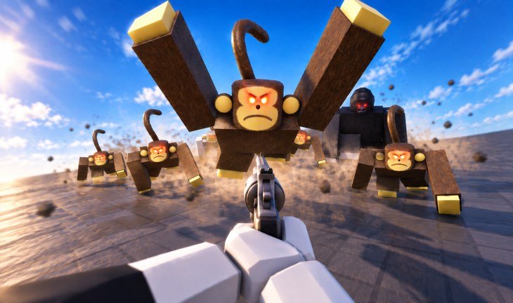 Monkey horde charging at a first-person pistol in Survive a Million Monkeys on Roblox