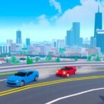 Taxi Boss city street with yellow and blue cars driving past tower blocks