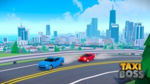 Taxi Boss city street with yellow and blue cars driving past tower blocks