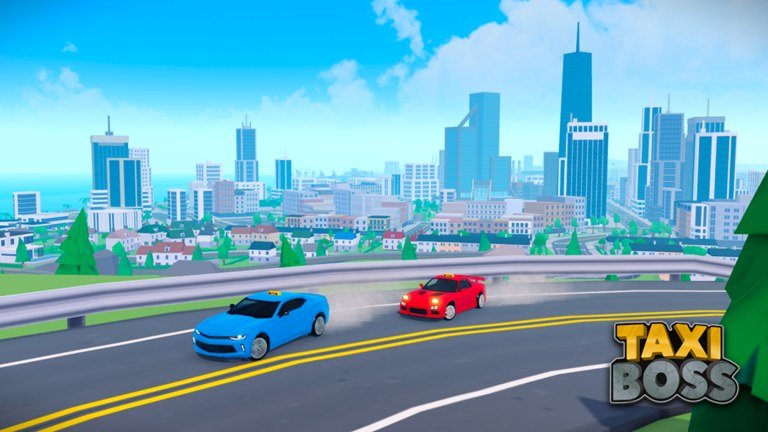 Taxi Boss city street with yellow and blue cars driving past tower blocks