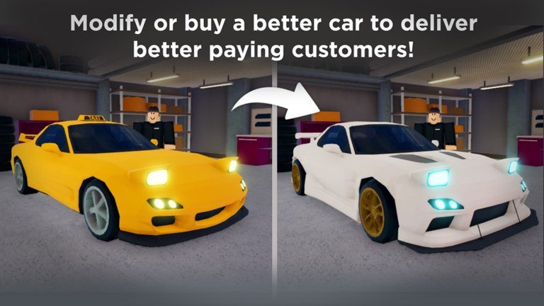 Taxi Boss garage showing a yellow sports car being upgraded to a white one