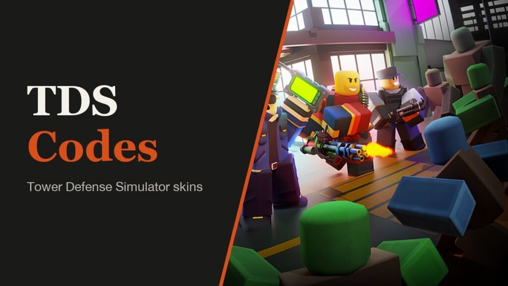 TDS Codes headline beside Tower Defense Simulator art of towers fighting a crowd of zombies in a neon city