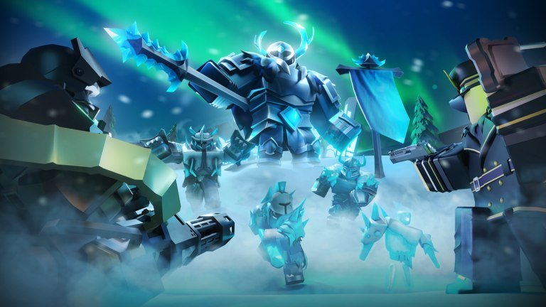 Tower Defense Simulator artwork of an armored frost commander leading icy soldiers under the northern lights