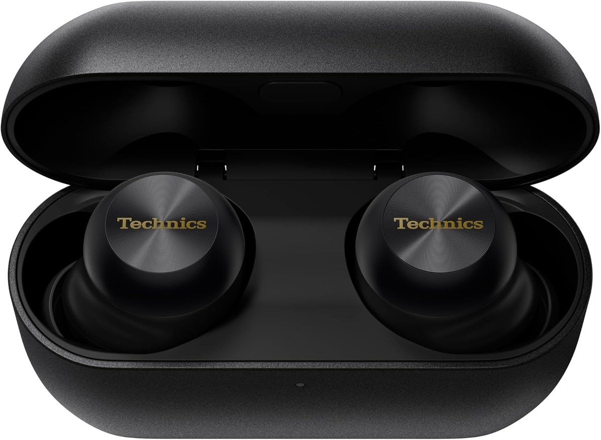 Technics EAH-AZ100 earbuds in an open black charging case