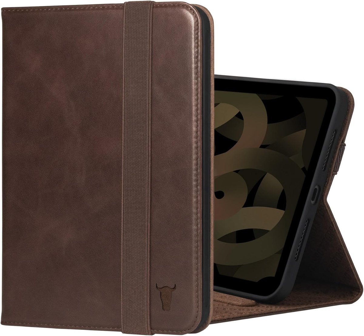 TORRO genuine leather folio for the iPad mini in brown, open at a horizontal viewing angle