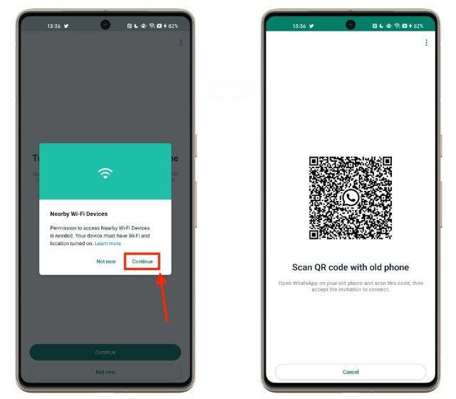 Two Android phones showing the nearby devices prompt and a WhatsApp QR code