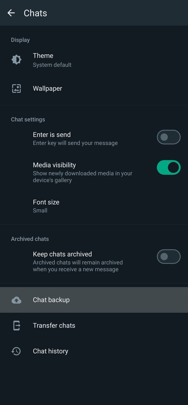 The WhatsApp Chats settings screen on Android showing the transfer chats row