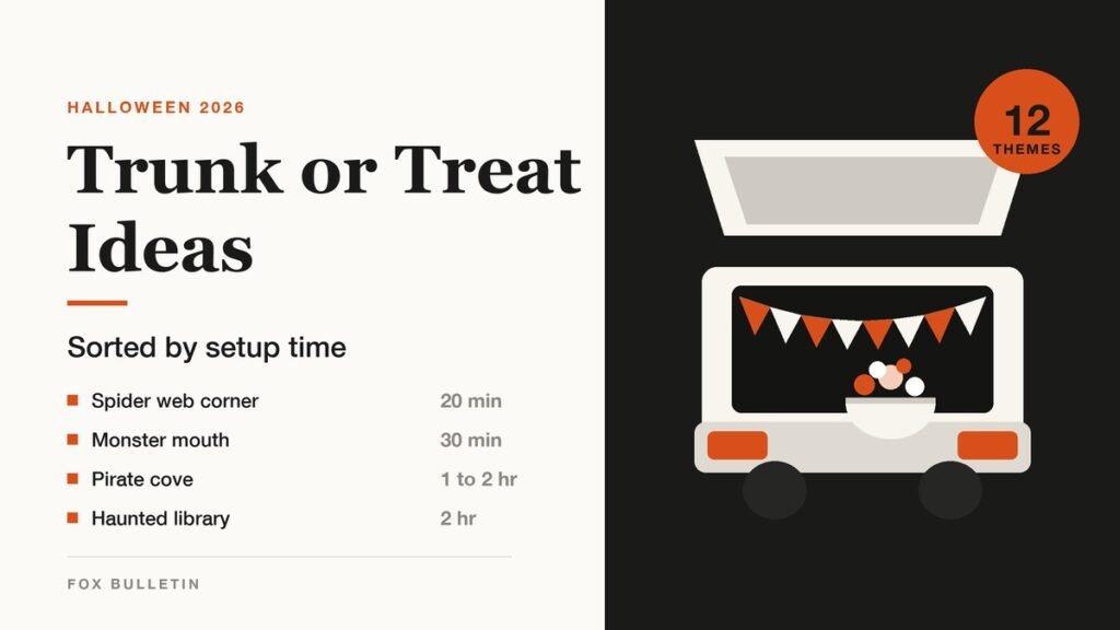Illustration titled Trunk or Treat Ideas showing an open car hatch decorated as a candy stand with bunting, candy bowl and four theme labels: spider web, pirate cove, candy shop and space launch