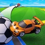 Orange rocket car driving a giant soccer ball toward the goal in Turbo Soccer on Roblox
