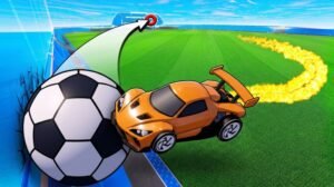 Orange rocket car driving a giant soccer ball toward the goal in Turbo Soccer on Roblox