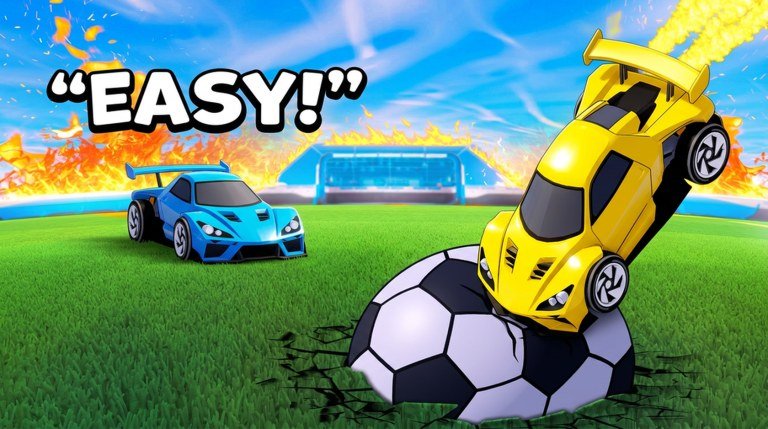 Yellow Turbo Soccer car landing on a cracked soccer ball as a blue car watches on Roblox