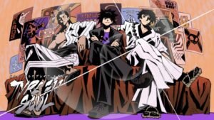 Type Soul artwork of three characters in black and white robes on a sofa against a poster wall