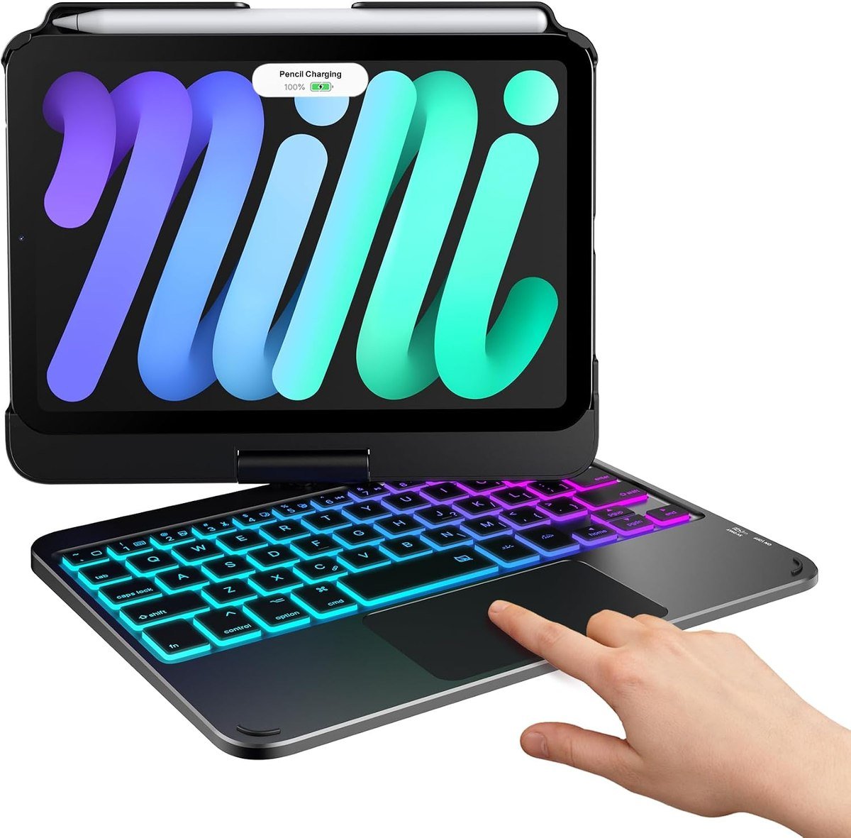 typecase keyboard case for the iPad mini with backlit keys and a trackpad, screen rotated upright