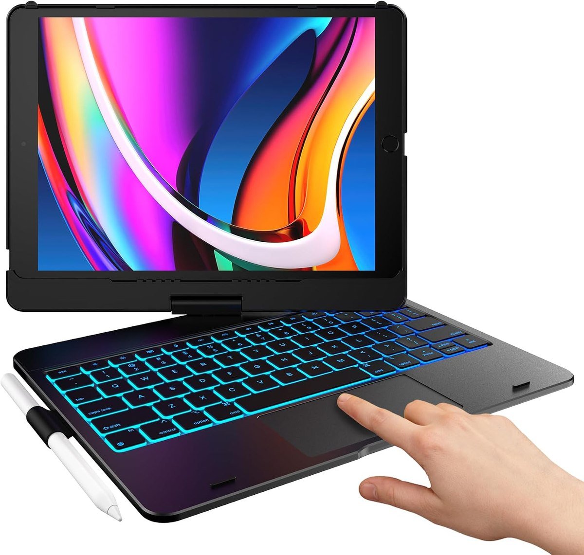 typecase Touch keyboard case for the 10.2-inch iPad rotated on its hinge with RGB backlit keys
