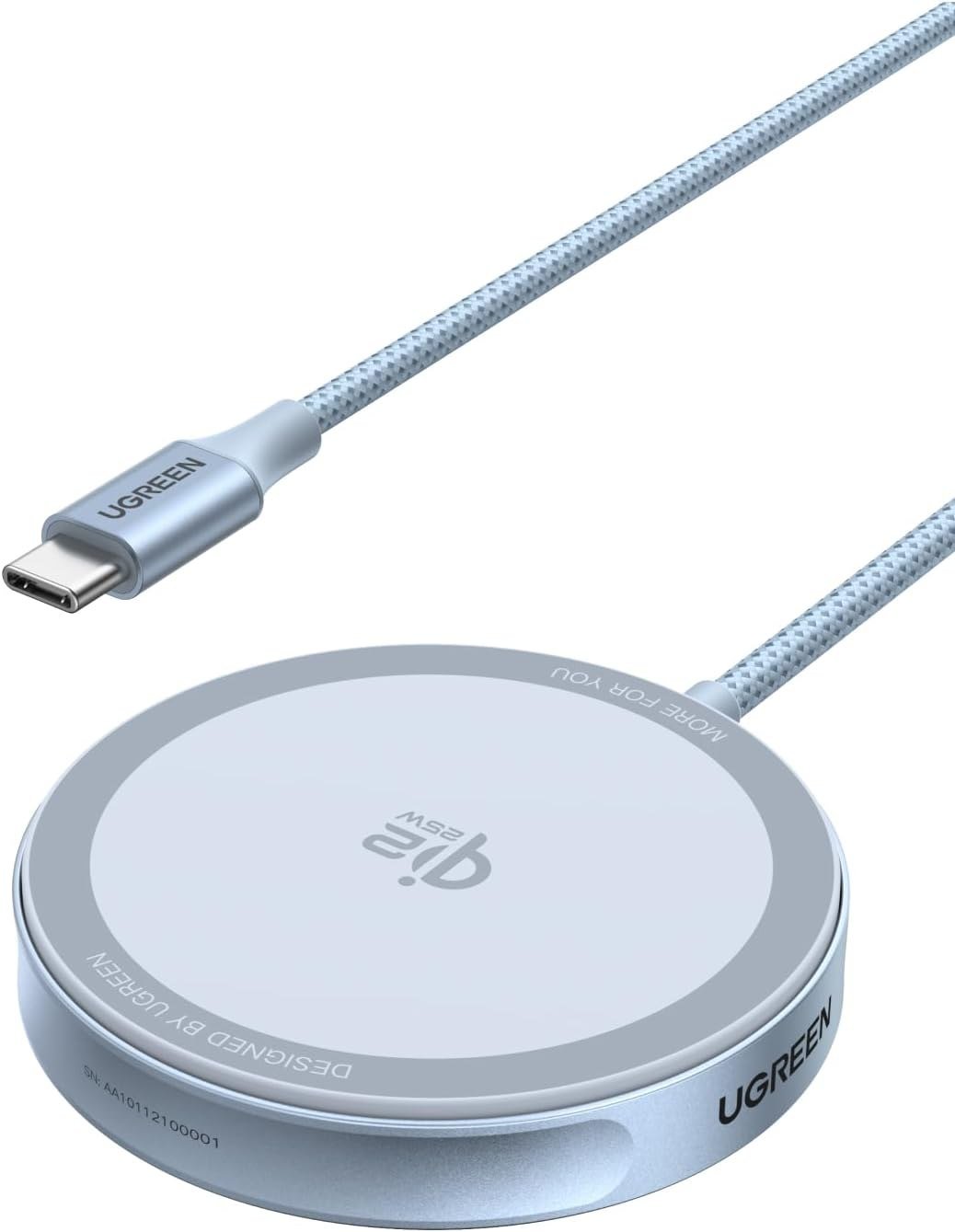 UGREEN MagFlow Qi2.2 25W magnetic charging pad in pale blue with a braided USB-C cable
