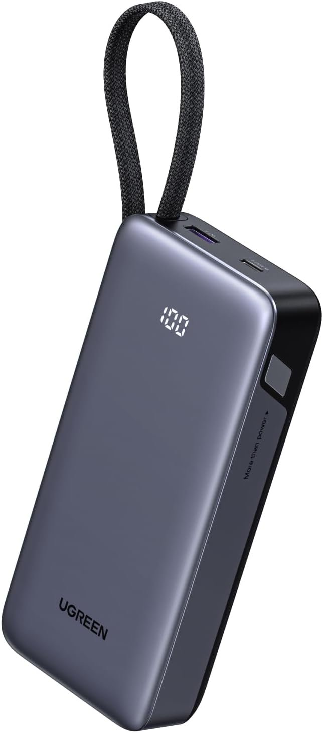 UGREEN Nexode 20,000mAh 45W power bank in grey with its built-in USB-C cable looped over the top