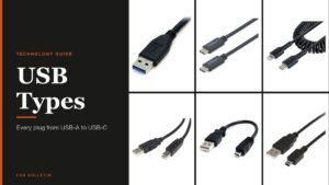 Six StarTech USB cables showing USB-A, USB-B, Mini-USB, Micro-USB, USB-C and Lightning plugs beside the USB Types headline