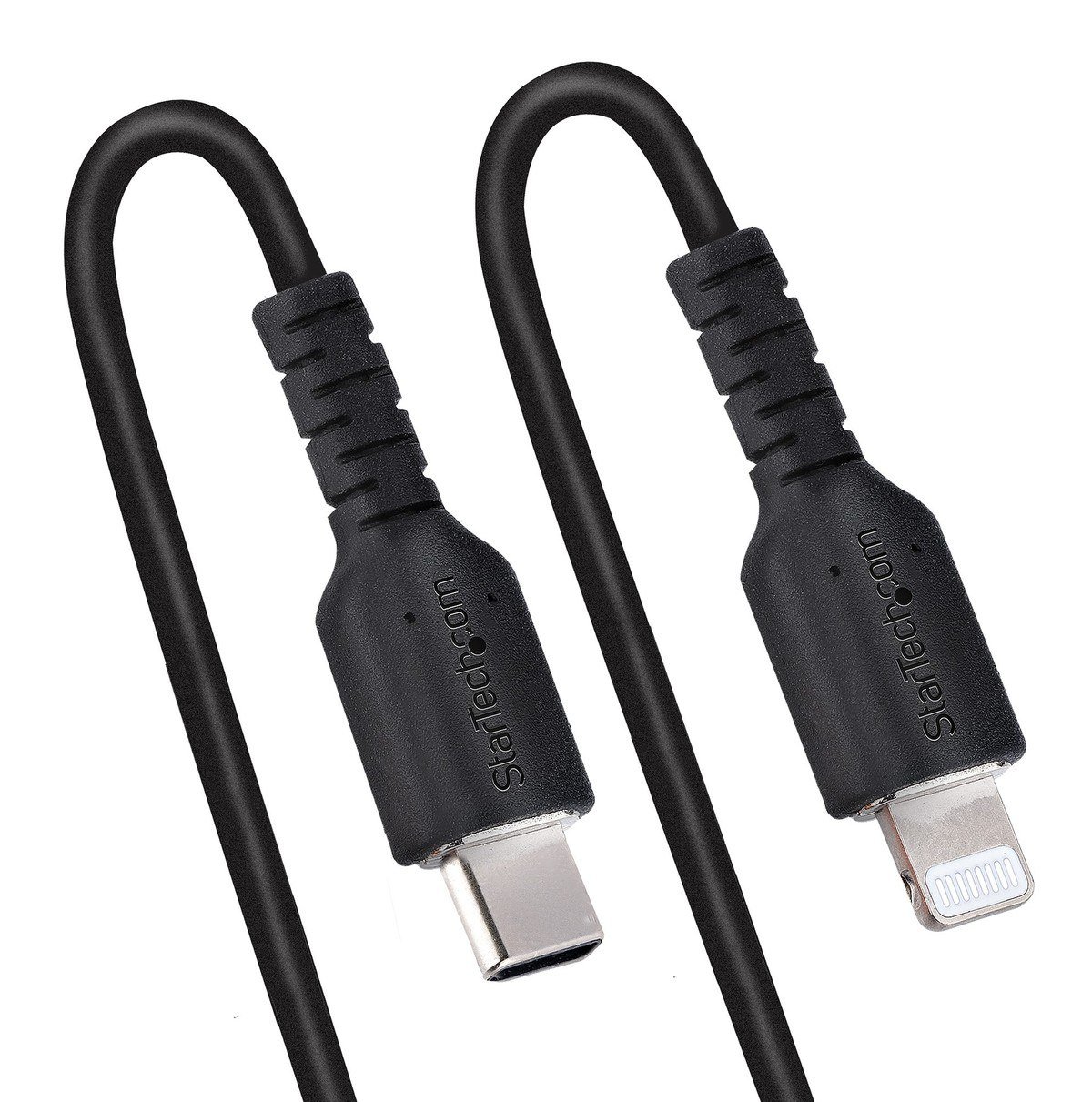 Black USB-C to Lightning cable with the USB-C plug and the flat Lightning plug side by side