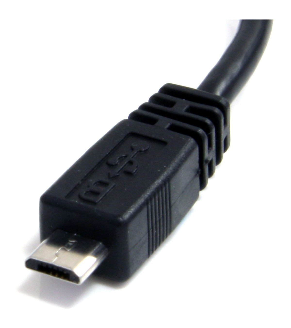 Close-up of a black Micro-USB plug with a thin, flat metal tip