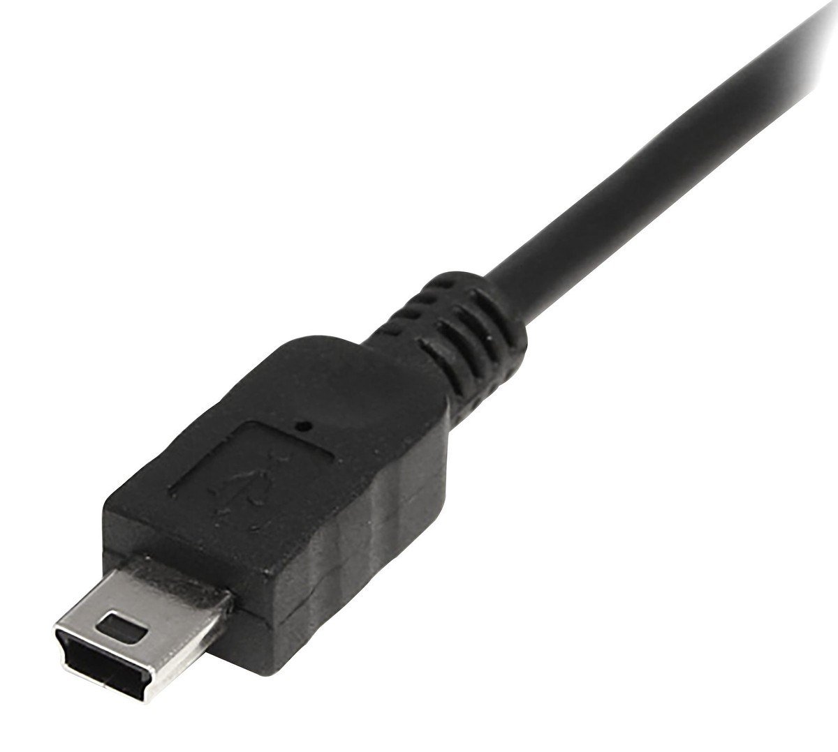 Black Mini-B USB plug with a small trapezoid metal connector